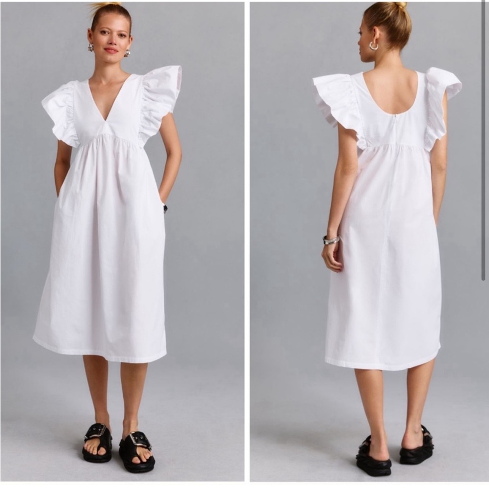 Anthropologie White Midi Dress with Ruffle Sleeves